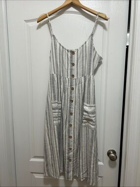 Roxy Grey and White Striped Button-Front Sundress